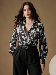 Anewsta Women's Elegant Floral Print Metallic Striped Collar Rhinestone Embellished Blouse, Suitable For Christmas, Thanksgiving, Elegant Women's Tops - Multicolor - View 6