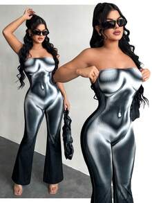 SHEIN SXY Body Graphic Print 性感街头风无袖连体裤 - 黑與白 - 查看 1