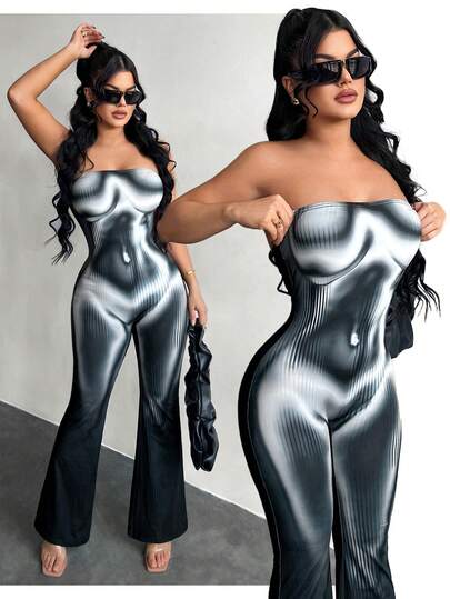 SHEIN SXY Mono acampanado con estampado corporal de moda para mujer de talla grande