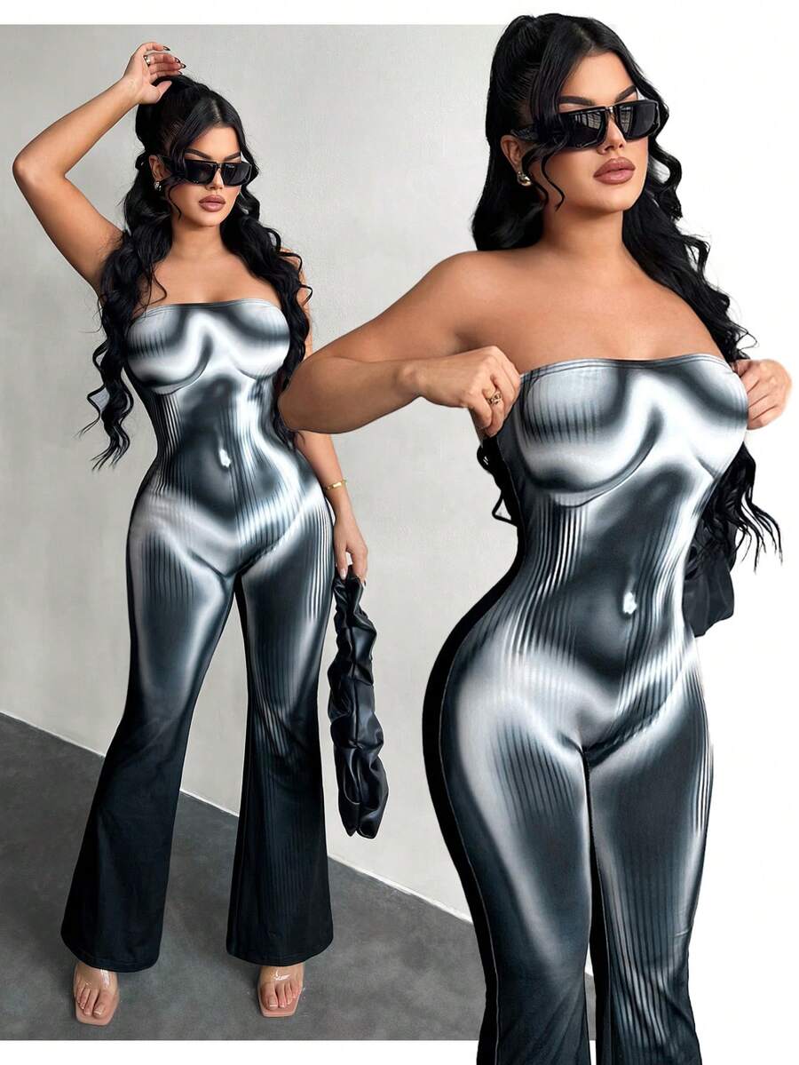 SHEIN SXY Body Graphic Print 性感街头风无袖连体裤 - 黑與白 - 查看 1
