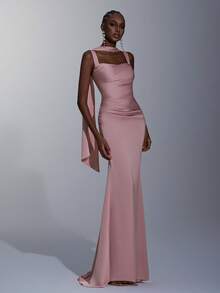 Elitara Elegant, Romantic, Fashionable, Gray-Pink, Satin, Spaghetti Strap, Draped, Pleated Decor, Fishtail Hem, Trailing, Influencer, Holiday, Vacation, Birthday Party, Wedding Event, Bridesmaid Dress - Pink - View 3