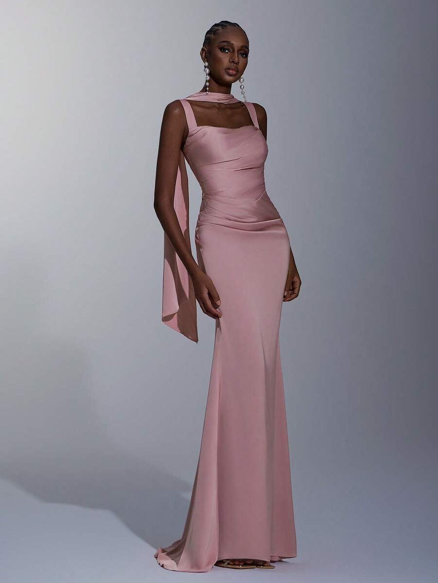 Elitara Petite Elegante, Romântico, Fashionável, Cinza-Rosa, Cetim, Alça Fina, Drapeado, Decoração Pregueada, Bainha de Cauda de Peixe, Cauda, Influenciador, Feriado, Férias, Festa de Aniversário, Evento de Casamento, Vestido de Dama de Honra - Rosa chiclete - Visão 1