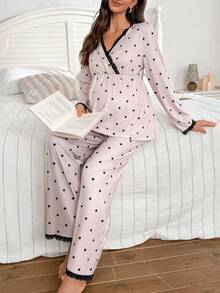 Moonlight&Mama Polka Dot Print Contrast Lace Trim Long Sleeve Top & Pants Maternity Pajama Set, Winter - Multicolor - View 6