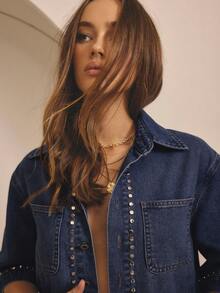 Aralina Camisa vaquera con detalles de tachuelas de manga corta para invierno/verano