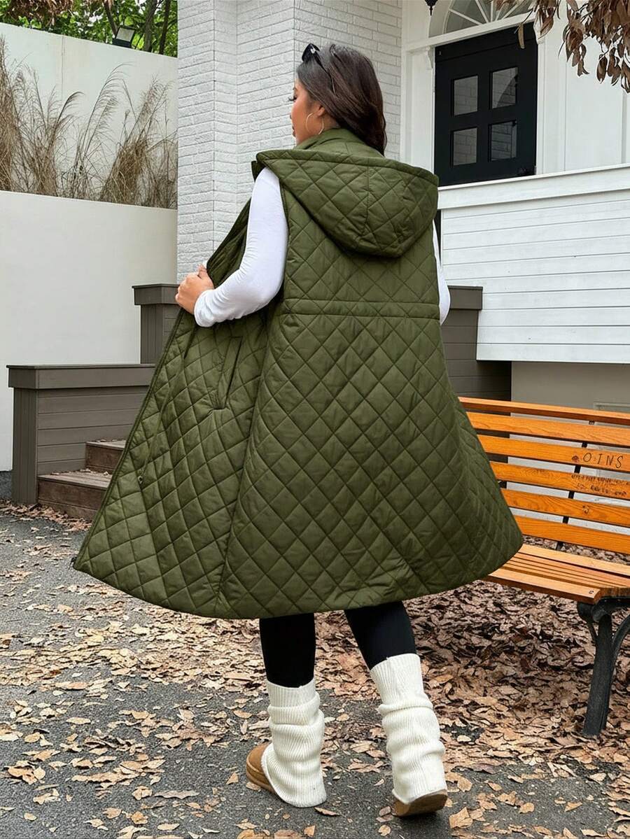 SHEIN EZwear Chaqueta larga holgada con cordón ajustable en la cintura, engrosada para otoño/invierno, talla grande - Verde militar - Ver 1