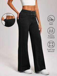 Flexra Celana Jeans Wanita Ukuran Plus Kasual Elastis Tinggi Model Lurus, Celana Hitam Pas Badan dengan Kontrol Perut untuk Musim Panas, Nyaman untuk Liburan Kasual, Formal, dan Klub. - Hitam - View 8