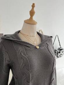 Elamini Women's Casual Daily Commute Simple Solid Color Cable Knit Hooded Sweater, Autumn/Winter