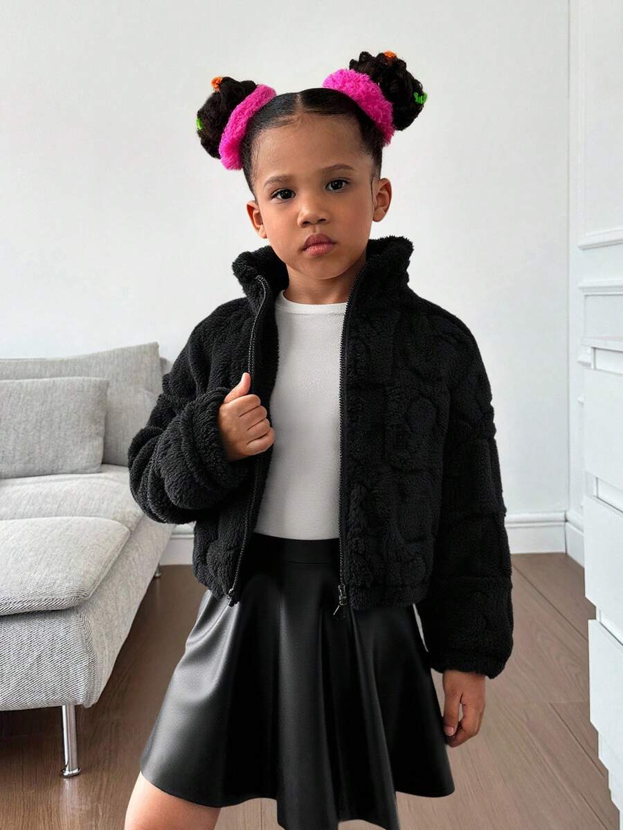 SHEIN 年轻女孩休闲舒适人造毛皮夹克 - 黑色 - 查看 1