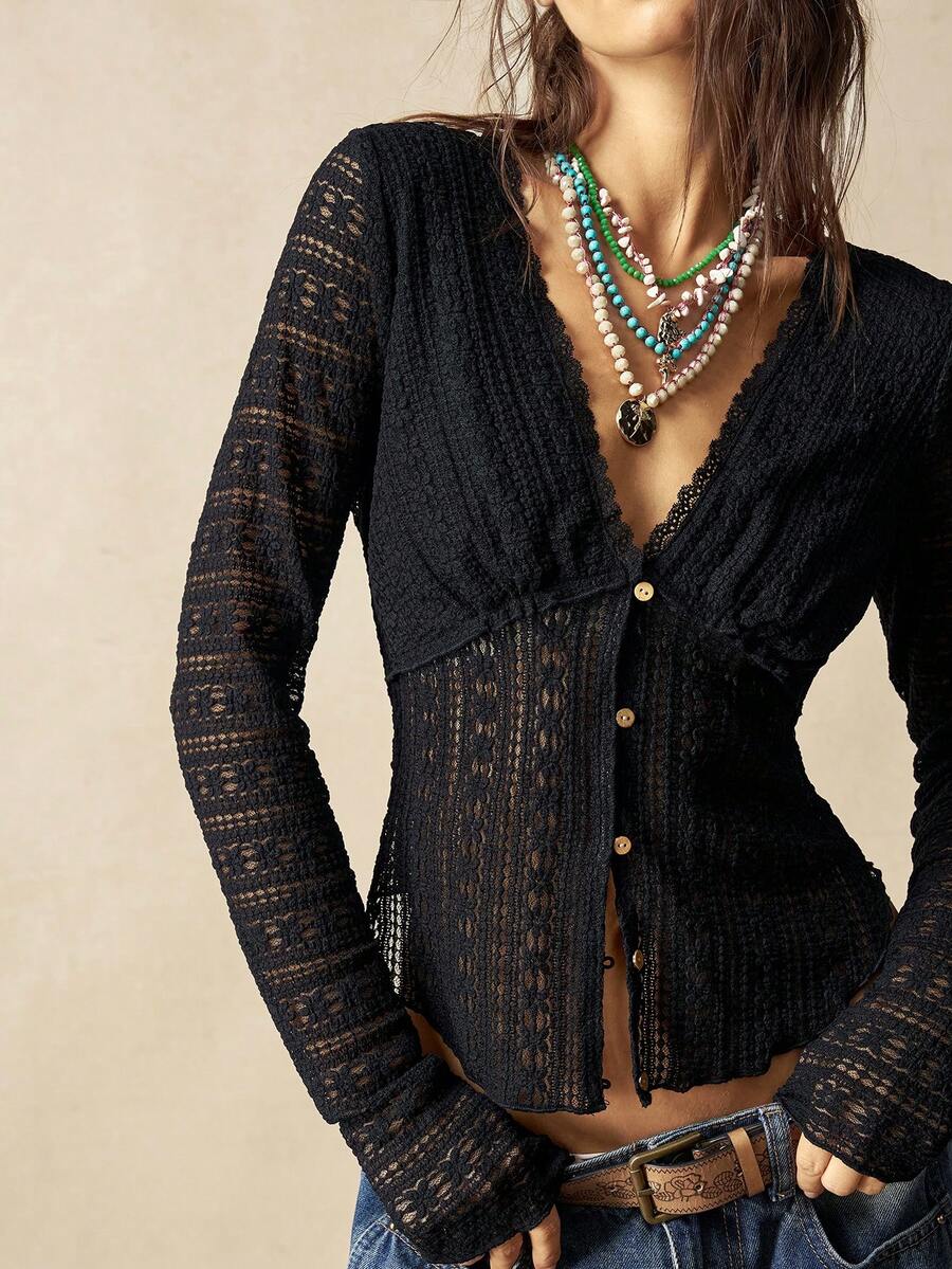 Bohemela BOHO Casual Solid Color Knit Lace Long Sleeve V-Neck Fitted Women Top Lace Cardigan Cowboy Western - Black - View 1