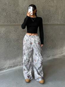 SHEIN 2 件套青少年女孩黑色针织套头 T 恤 + 叶子印花宽松裤，休闲百搭时尚装 - 黑色 - 查看 3