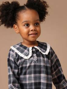 SUMWON Girls Long Sleeve Peter Pan Collar Checked Dress With Ruffle Trim For School Autumn Winter - Multicolor - View 7