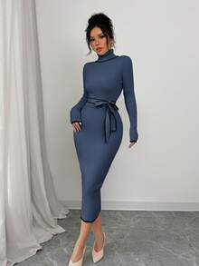 Selianne Vestido de Suéter Elegante Feminino com Gola Alta, Ajustado, Textura Canelada e Laço