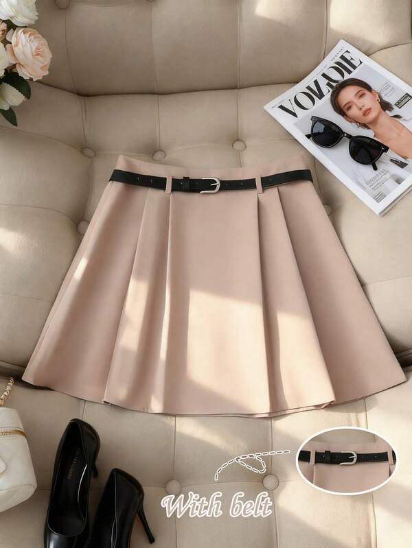 Franclia Saia Casual Cáqui Estilo A-Line Mini com Cinto, Saia de Outono para Mulheres, Conjunto de Volta às Aulas