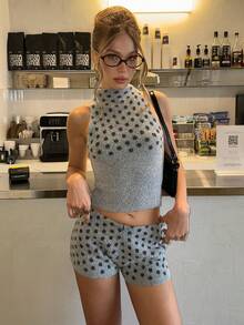 SHEIN BAE 2 pièces Ensemble Top en tricot sans manches à col Mao et short en tricot à motif pois pour femmes - Gris - Voir 7