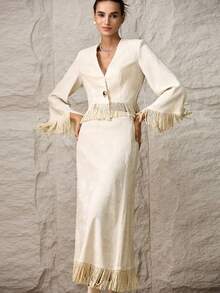 Heiryn Women's Elegant 2 Pieces Set: Fringe Hem Metal Button Jacket And Mini Skirt Fringe Blazer Fringed Skirt Fringe Two Piece Set Long Skirt Set Tassel Outfit Skirt Suits For Woman 2 Piece Skirt Sets Woman Elegant 2 Piece Set - Apricot - View 8