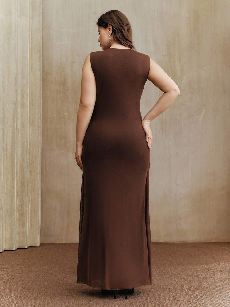 플러스플러스 사이즈 여성 브라운 커피 민소매 메쉬 태슬 스트리트 스타일 우아한 드레스, 가을, 겨울, 봄, 새해, 파티, 결혼식, 시크, 스타일리시, 아늑함, 추수 감사절에 적합