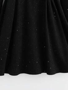 GlowEve Women's Elegant Silver Glitter Round Neck Waist Cinched Pearl Button Lantern Sleeve Midi Dress - Black - View 7