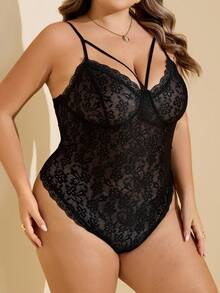 SHEIN CURVE+ Plus Size Backless Sheer Lace Camisole, For Christmas Party - Black - View 3