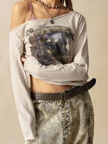 Bohemela 1 Áo thun dệt kim tay dài một bên vai màu trơn thường ngày cho nữ - Màu be - Xem 5