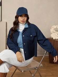 Zelara Plus Size Women's Casual Autumn Loose Solid Color Long Sleeve Single-Breasted Jacket,Ribbed Texture Shacket Western Wear Blue Jean Jacket Christmas - Navy Blue - View 7