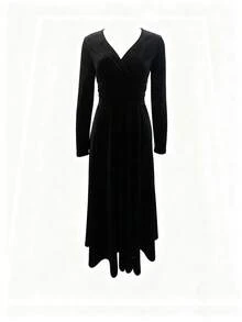INAWLY Women's Long V-Neck Velvet Solid Color Dress - Black - View 1