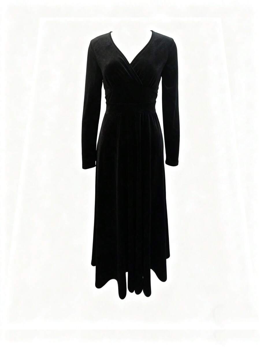 INAWLY Women's Long V-Neck Velvet Solid Color Dress - Black - View 1