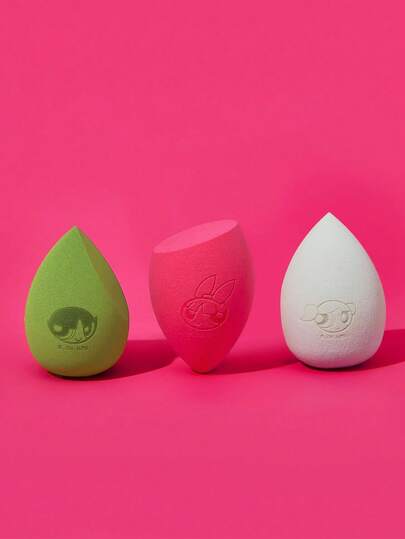 THE POWERPUFF GIRLS X SHEIN FanGlow Set de 3 piezas de esponjas de maquillaje con patrones de flores, burbujas y Buttercup de dibujos animados de colores múltiples, amistad, Y2K