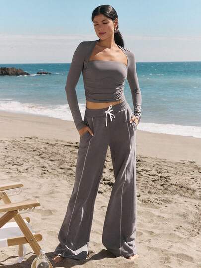 GLOWMODE Everyday Fleece Flare Play Soft Warm Contrast Stitching Side Pockets Adjustable Drawstring Waist Slim-Fit Micro Flare-Leg Sweatpants Autumn Winter Outdoors Daily Casual Wear