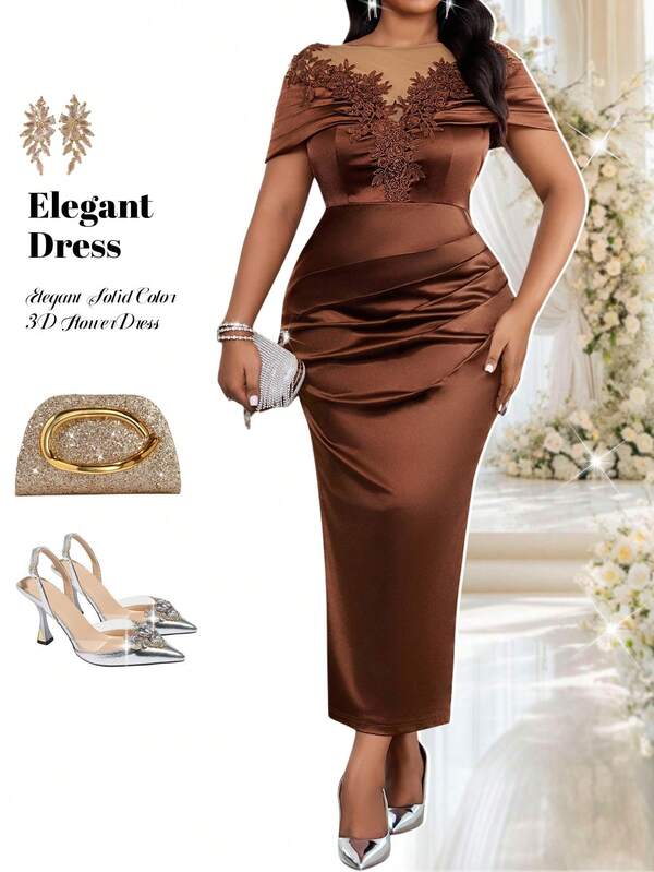 Fleurora Vestido elegante con aplicaciones, fruncido y ajustado para mujer de talla grande