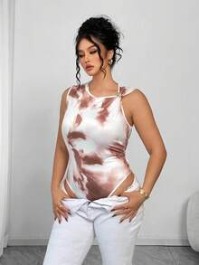 Elenzga بدلة نسائية مقاسات كبيرة جديدة أنيقة بدون أكمام مطابقة وجذابة مطبوعة بطباعة ربط الصبغة مع إبزيم معدني