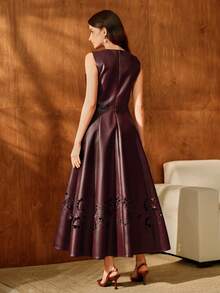 Anewsta Burgundy Elegant Floral Embroidered Lace Hollow Out Backless Waist Cinching Summer Evening Dress,Chic Dining Party Wedding Dress For Fall Winter - Brown - View 2