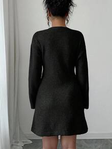 Elenzga Đầm len dài tay cổ tròn họa tiết hoa Colorblock dành cho nữ - màu đen - Xem 2