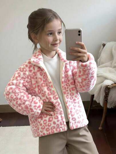 SHEIN Tween 女童宽松休闲蓬松心形拉链长袖夹克