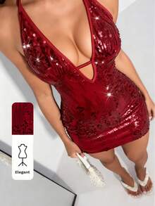 TRNVIE 1pc Burgundy Sequin Spaghetti Strap Deep V Backless Bodycon Mini Dress, Sexy Tight Stretch Party Cocktail Gown For Valentine's Day, New Year, Wedding, Festival - Burgundy - View 1
