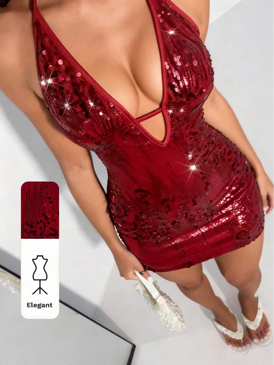 TRNVIE 1pc Burgundy Sequin Spaghetti Strap Deep V Backless Bodycon Mini Dress, Sexy Tight Stretch Party Cocktail Gown For Valentine's Day, New Year, Wedding, Festival - Burgundy - View 1