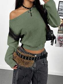 StreetHx New Contrast Color Graffiti Asymmetric Shoulder Casual Loose Sweater - Army Green - View 6
