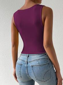 Chiquease Débardeur à encolure carrée sans manches de couleur rouge pourpre, révélant la peau. Top élégant et raffiné, idéal pour le bal de promo, les raves, le streetwear, l'anniversaire des femmes, l'automne et l'hiver, Halloween, pailleté, les concerts, les sorties en boîte de nuit, les soirées