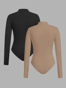SHEIN EZwear 2件装纯色保暖连体衣，秋冬季高领长袖连体衣，长款上衣 - 卡其色 - 查看 2