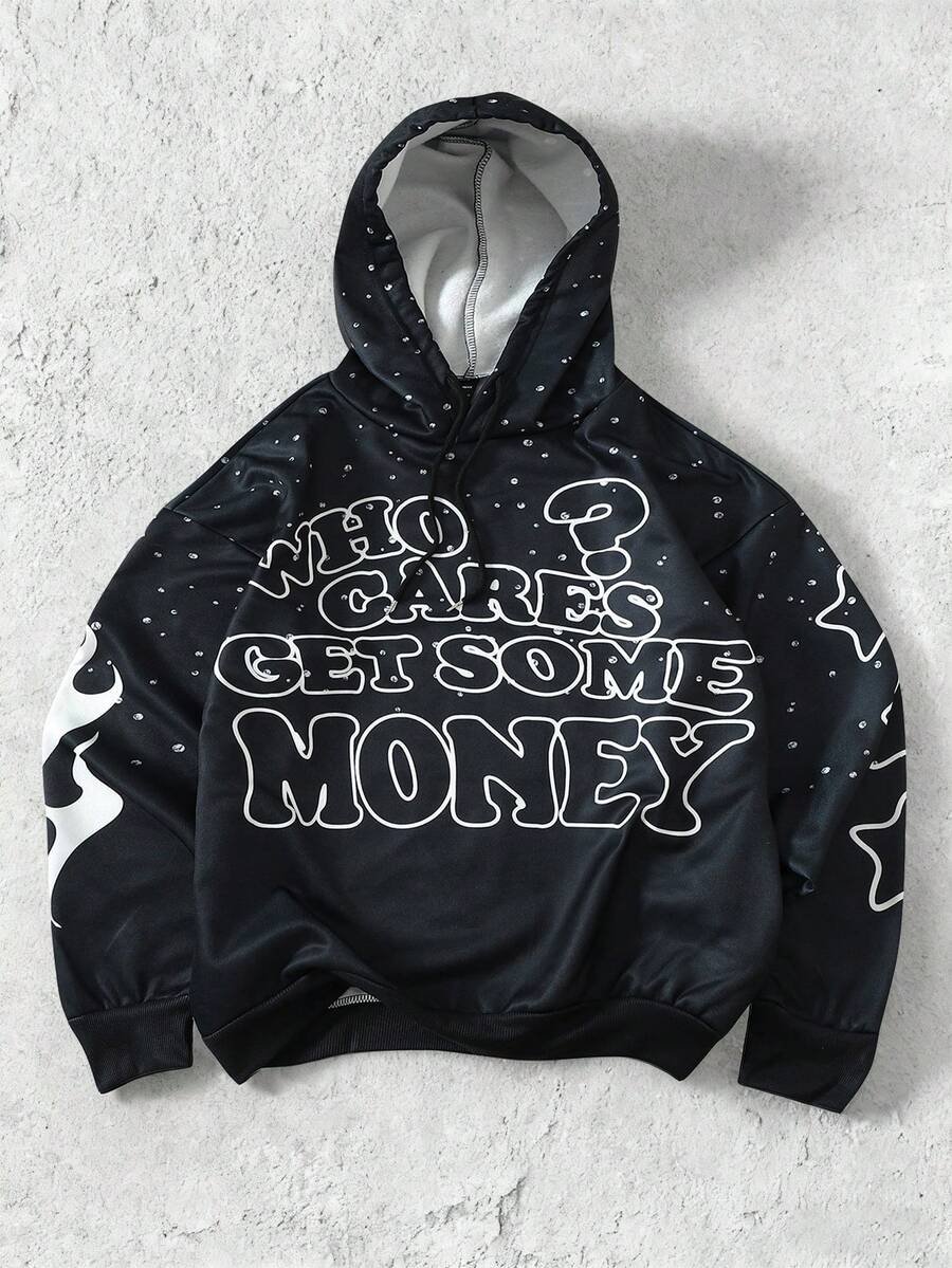Manfinity EMRG Men's Street Style Casual Printed Drawstring Hoodie Sweatshirt, For Fall - Black - View 1
