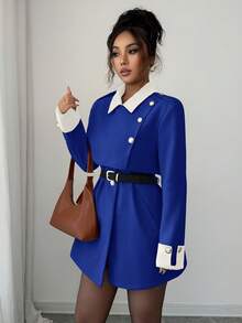 Elenzga 女士优雅奢华时尚厚外套，不含腰带 - 藍色 - 查看 6