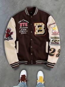 PAVTROS Men's Colorblock Graffiti Style Long Sleeve Baseball Jacket Men Letter Patch Jackets For Cartoon Varsity Letterman Winter - Multicolor - View 6