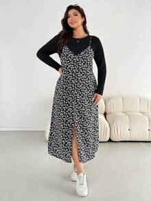 SHEIN Essnce 大码女装秋冬时尚休闲宽松舒适日常黑色T恤长袖上衣和黑白碎花吊带长裙两件套，秋季服装 - 黑色 - 查看 3