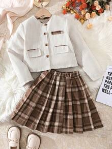Elladie kids 2pcs/Set Tween Girl Autumn/Winter 2025 Outfit, Round Neck Fabric Open Front Faux Pocket Decor Jacket, Plaid Pleated Mini Skirt, Collegiate Style Minimalist Elegant Vintage Suit - Multicolor - View 5