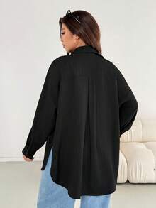 Shapeblank Plus Size Women's Apple-Shaped Body Autumn Black Smart Casual Button Shirt,Everyday Texture Fabric Loose Comfortable Versatile Simple Oversize Tops - Black - View 2