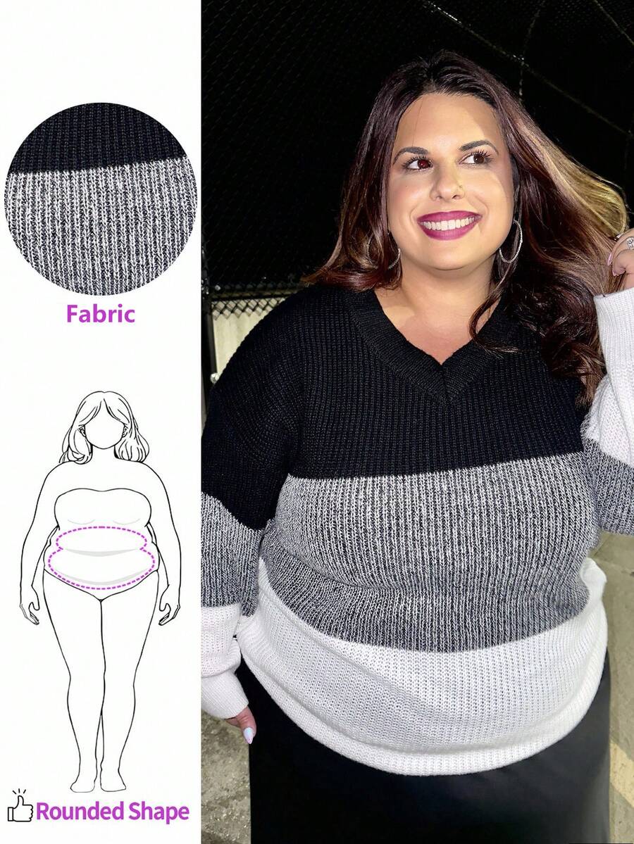 Enliva Damen Große Größen Kontrast-Farbiger V-Ausschnitt, Drop Shouldern, Langarm Lässig Pullover für Herbst/Winter - Verschiedenfarbig - Übersicht 1