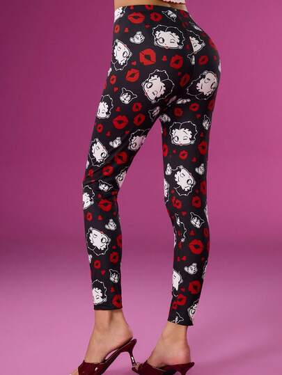 Betty Boop x SHEIN Leggings elásticos con gráfico de figura y estampado de labios para mujer