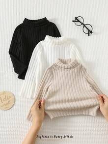 Cozy Pixies 3pcs/Set Baby Boys Solid Color Thermal Lined Thick Elastic Knit Soft Mock Neck Long Sleeve Pullover Tops, Suitable For Winter