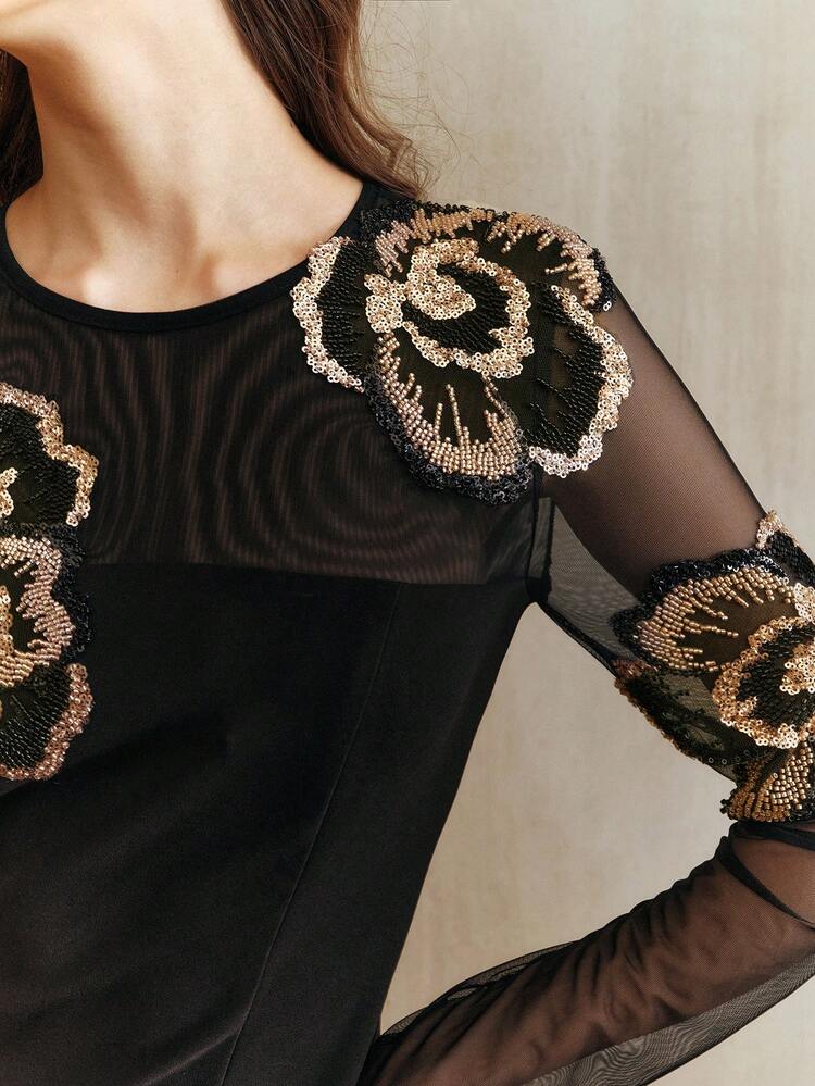 Elegant Floral Embroidered Pearl Beaded Long Dress, Suitable For Fall, Winter, New Year, Party, Wedding, Black, Stylish, Evening Gown