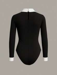 Franclia # 2025 New Arrival Shirt Collar Color-Block Detailing Long Sleeve Bodysuit – Timeless Black-And-White Palette, Slim-Fit Body-Hugging Silhouette For Figure-Flattering Charm & Effortless Versatility - Black - View 2