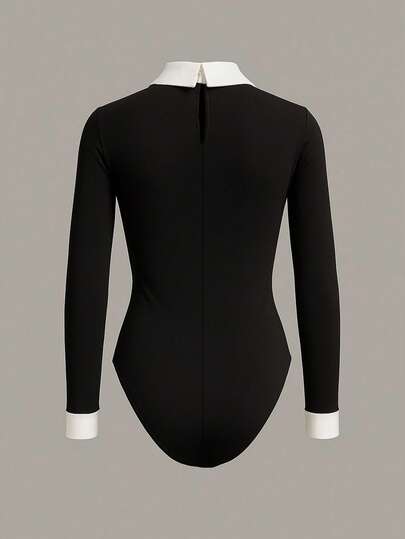 Franclia # 2025 New Arrival Shirt Collar Color-Block Detailing Long Sleeve Bodysuit – Timeless Black-And-White Palette, Slim-Fit Body-Hugging Silhouette For Figure-Flattering Charm & Effortless Versatility Winter